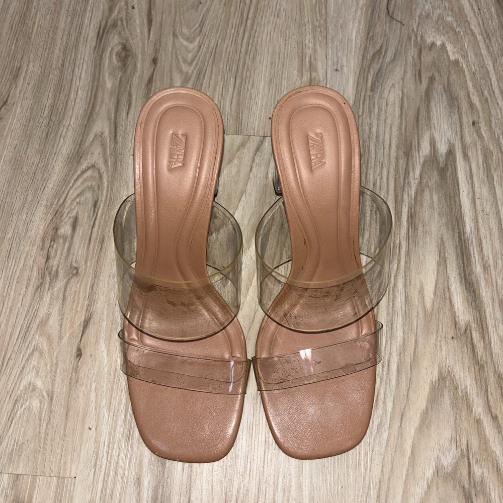 Zara Clear PVC Double Strap Lucite Block Heel Sandals Nude Size 37 US 6.5